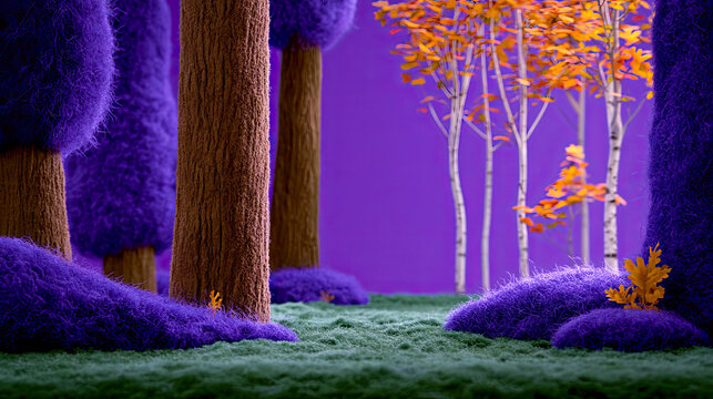 Herbstliche Fantasielandschaft in weicher Woll- und Filzoptik mit bunten B&auml;umen, Bergen, Seen und fallenden Bl&auml;ttern in kr&auml;ftigen Violett-, Orange- und Blaut&ouml;nen.