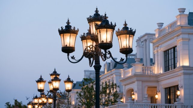 Elegant street lamps illuminating a charming historic building under a pastel evening sky, creating a serene atmosphere in a scenic outdoor setting