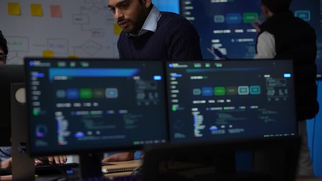 Engineers on either side of the monitors hold a working conversation over the desks with the flowchart wall behind them inside a dimly lit machine learning startup office.