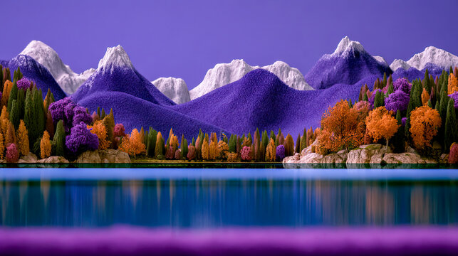 Herbstliche Fantasielandschaft in weicher Woll- und Filzoptik mit bunten B&auml;umen, Bergen, Seen und fallenden Bl&auml;ttern in kr&auml;ftigen Violett-, Orange- und Blaut&ouml;nen.
