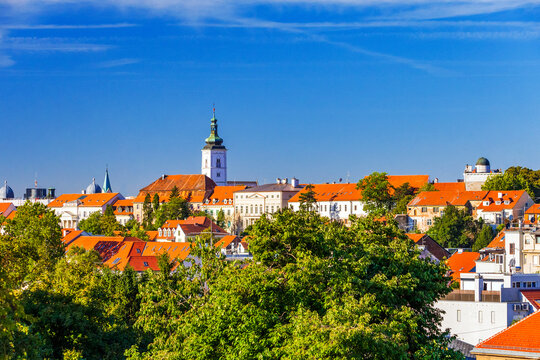 Panoramic View of Zagreb Upper Town with St. Mark's Church and Historic Red Roofs, Zagreb, capital city of Croatia
