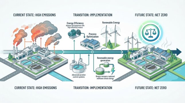 Diagram shows wastewater treatment plant process illustrating sewage purification and efforts to reduce carbon footprint through energy efficiency.