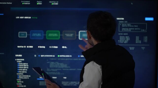 A hand pressed to a wall sized display touches one node of the live agent workflow and then moves along the chain inside a dimly lit machine learning startup office.