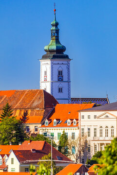 Panoramic View of Zagreb Upper Town with St. Mark's Church and Historic Red Roofs, Zagreb, capital city of Croatia
