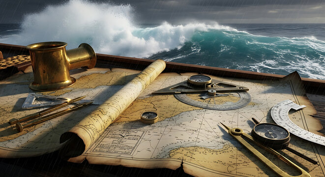 Navigation tools and vintage nautical charts spread on a wooden deck during a storm
