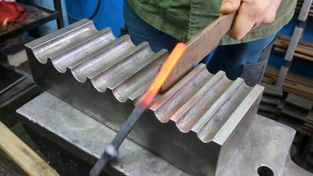 An experienced metalworker places a glowing hot iron rod into a grooved steel die block on a sturdy workshop anvil and strikes it with a hammer to shape the metal component through precision manual fo