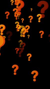 Question marks animation flying motion. Educational looped transparant background. Vertical 4K video.