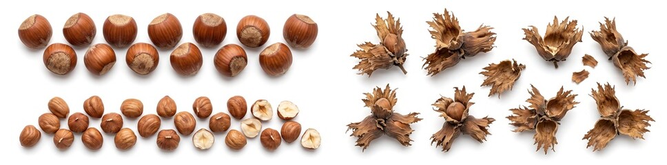 Fototapeta premium Hazelnuts are arranged in rows on a white background. The shells and husks are also present, representing the harvest in autumn. The scene captures the essence of nature's bounty during this season