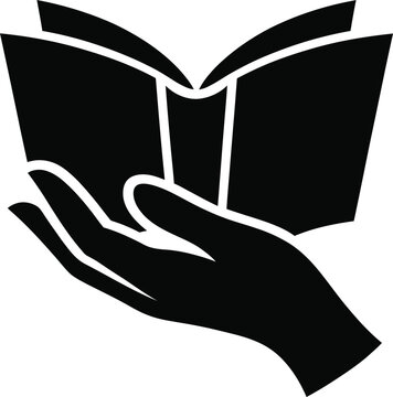 Book icon resting on an open human hand silhouette is illustrated in a minimalist black and white graphic style.