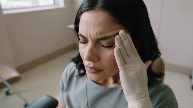 Pressing clinician gloved hand checking temple sensitivity at clinic, woman in gray top wincing