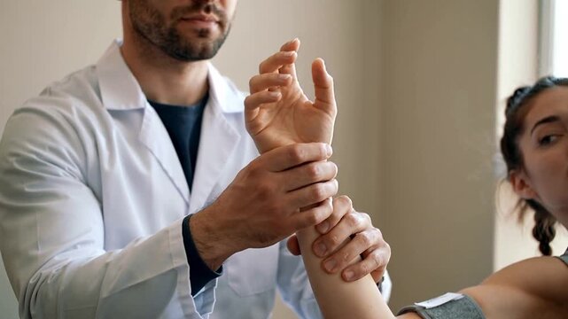 Placing hands, clinician in lab coat assessing patient's wrist mobility at clinic with armband