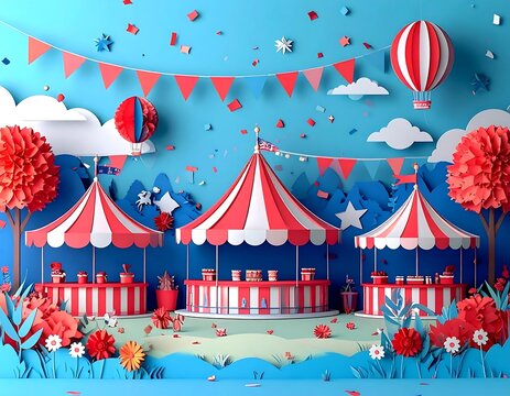 Whimsical Paper Craft Circus Fairground Scene with Tents and Hot Air Balloon.