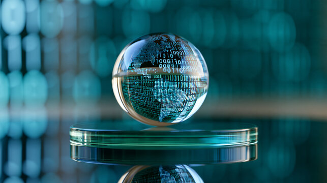 Transparent globe on reflective surface with binary code backdrop in teal hue, defocused global technology visualization, digital data representation, with copy space