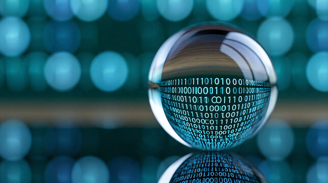 Transparent globe on reflective surface with binary code backdrop in teal hue, defocused global technology visualization, digital data representation, with copy space