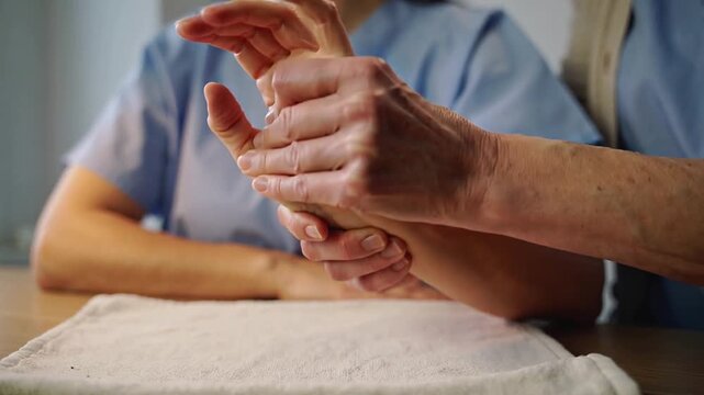 Placing caregiver hands, mobilizing senior wrist and fingers for rehab at clinic, scrubs, towel