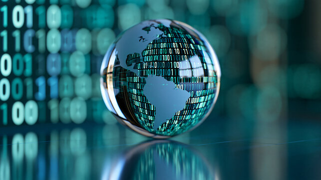 Transparent globe on reflective surface with binary code backdrop in teal hue, defocused global technology visualization, digital data representation, with copy space