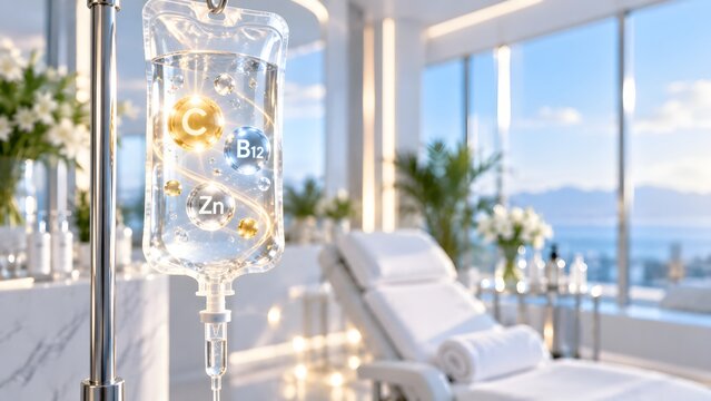 Conceptual vitamin IV drip bag with nutrients symbols for immunity booster banner