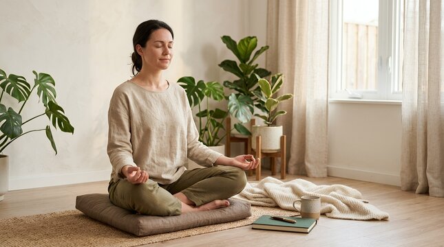 Young woman practicing meditation and mindfulness in a bright cozy living room at home.