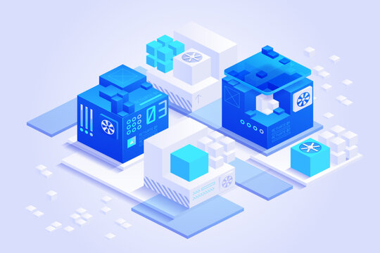 Cloud technology concept with modular server blocks, data cubes and blue digital platforms, showing scalable infrastructure, connected services, automation and modern computing systems
