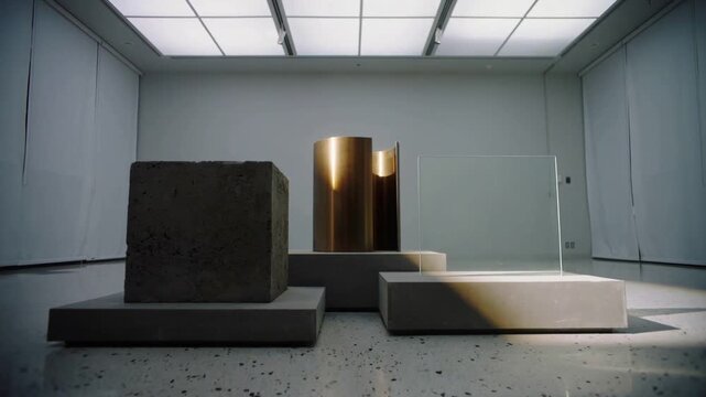 Shifting sunlight across gallery, highlighting brass sheet, concrete cube, stone block, glass panel