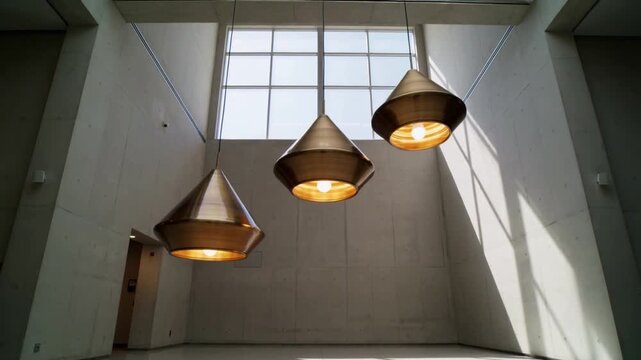 Moving after slight adjustment, three metal pendant lights rising in atrium, shifting reflections