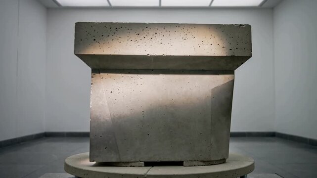 Rotating concrete sculpture in gallery as motor engaging on turntable, revealing seam and lip