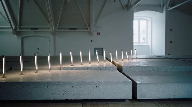 Timer starting sequence, LED tubes moving right across concrete plinths in gallery