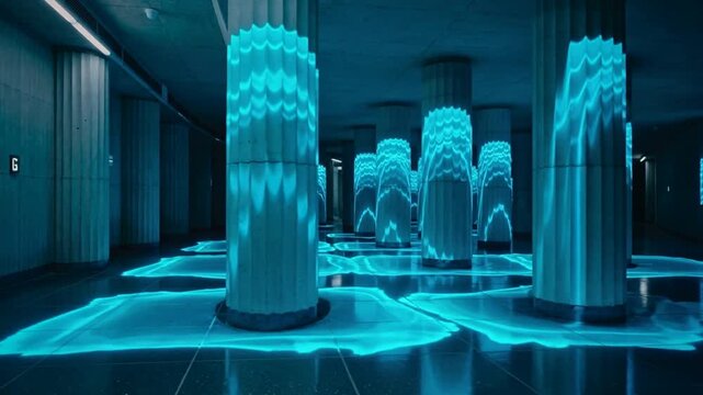 Receiving signal activating fluted columns emitting cyan ripples in subway hall
