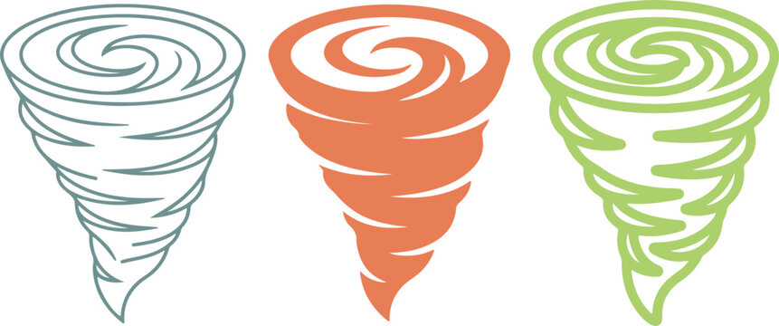 Colorful tornado cyclone vector icon set, storm twister line art, hurricane weather symbol illustration for environmental design transparent background