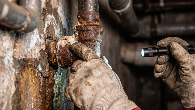 Technician Examining Hidden Mineral Deposits Around Pipe Joint to Identify Long Term Water Leakage