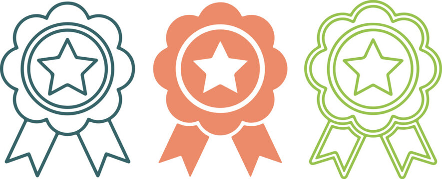 Colorful award ribbon badge vector icon set, quality guarantee medal line art, winner star rosette symbol illustration transparent background PNG file