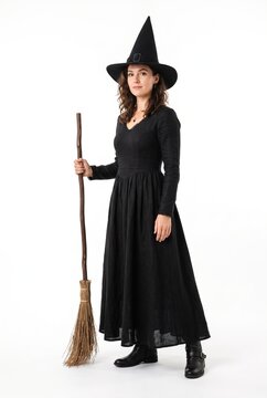 A woman stands wearing a black dress and witch hat. She holds a broomstick in one hand. Autumn themes are present in her attire. The setting is bright with a white background