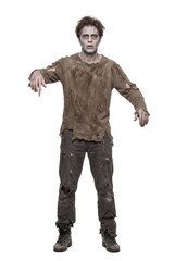 Naklejka premium A person dressed as a zombie stands alone on a white background. The outfit is tattered, and the makeup creates a spooky effect. This is fitting for Halloween celebrations