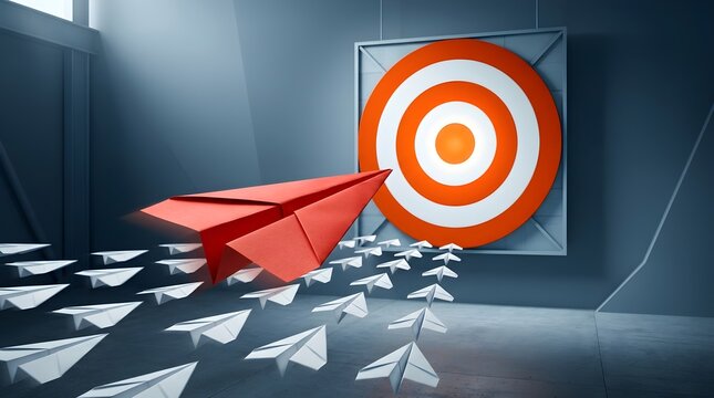 Bright red paper airplane leading a fleet of small white planes toward a large circular orange dartboard target symbolising success