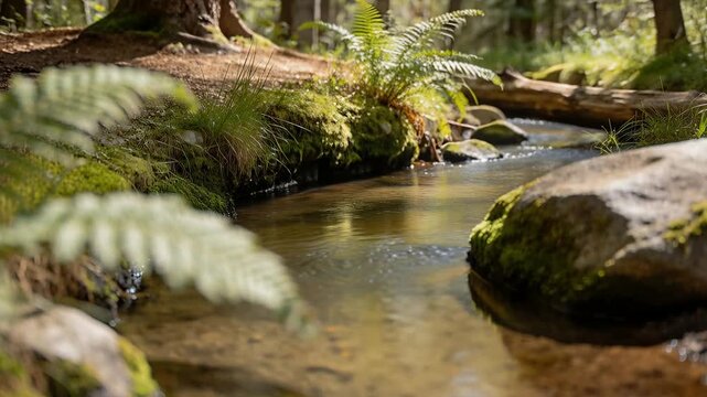 Pulling focus camera revealing ground-level forest creek, highlighting fern and mossy rock