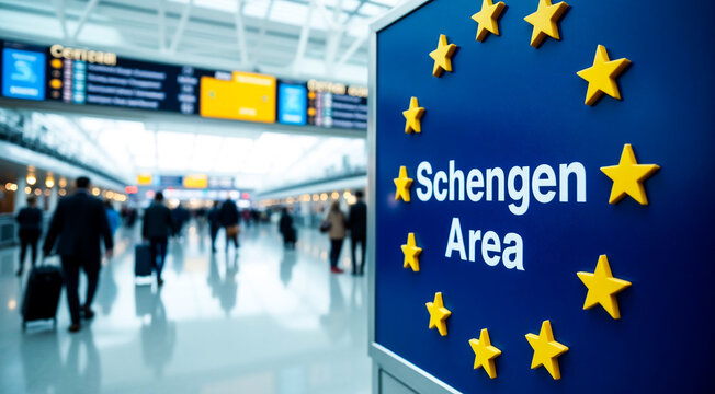 Blue Schengen Area sign with stars against the backdrop of an airport terminal with passengers