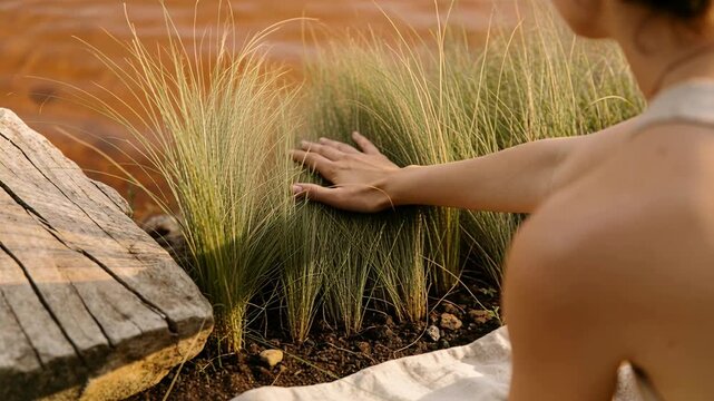 Reaching woman in light tank top pressing tufted grasses at shoreline, feeling texture, copy space