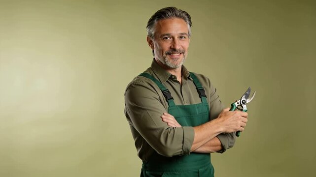 Smiling gardener in green bib apron posing in studio adjusting shears while camera zooming inward