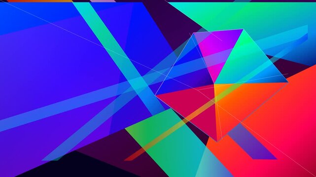 Abstract geometric background with colorful overlapping triangles and light beams in bright vibrant neon gradient colors