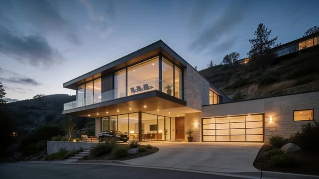Displaying modern two-story house sitting on hillside at dusk, revealing lit interiors, parked car