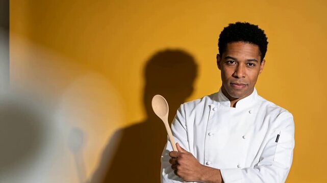 Moving reflector causing chef in white coat shifting gaze holding wooden spoon in studio