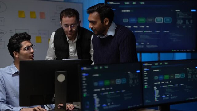 Three colleagues around a workstation stay with one screen for a long stretch, talking the sequence through step by step inside a dimly lit machine learning startup office.