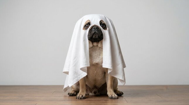 Cute pug dog wearing a white ghost costume sheet with eye holes cut out, sitting on a wooden floor against a plain grey wall background, ready for Halloween celebration