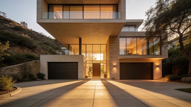 Lowering sun casting long shadows from cantilever across paved driveway, with warm glow