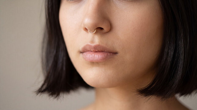 Woman's face with a gold septum piercing showing individuality, minimalist beauty, and self expression
