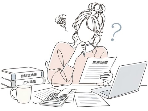 年末調整に悩む女性の線画イラスト