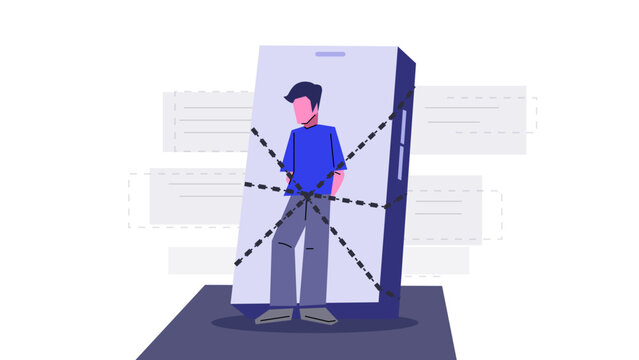 A person chained up to a digital mobile device from addiction, digital detox graphics illustration white background.