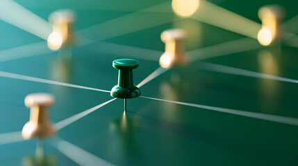 Fototapeta premium Push pins connected with white string on green background, defocused organizational network visualization, planning connectivity representation, with copy space