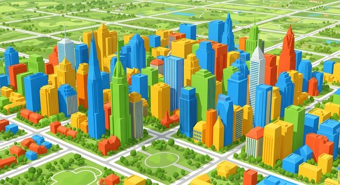 Colorful 3d city skyline illustration with roads