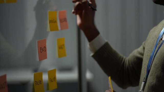 An engineer at a transparent board reaches through the notes and then draws his hand back to think again inside a dark machine learning startup office at night.